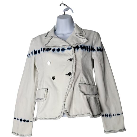 Habitual Girl Sz 12 White Blue Tie Dye Blazer Jacket Frayed Hem Double Breasted - Picture 1 of 12